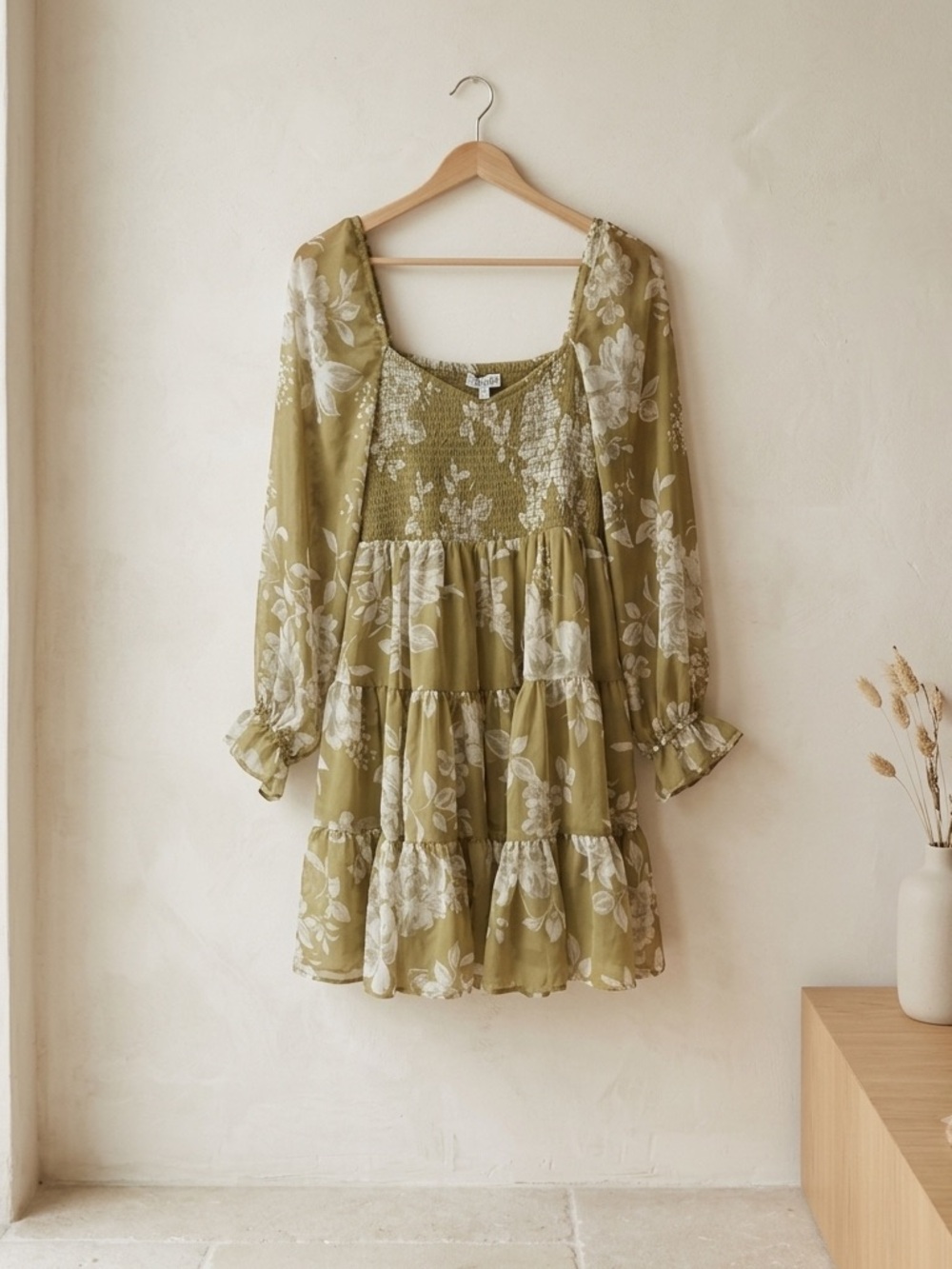 Patrons of Peace Green Floral Tiered Smocked Mini Dress Babydoll Small - Picture 2 of 9